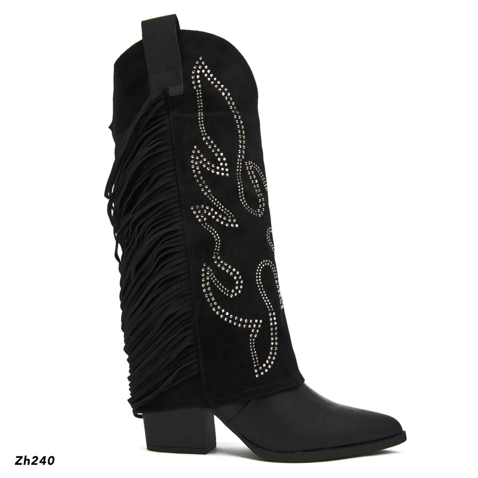 Bota texana negro doblez apliques plateado detalle flecos tacon 7cm M-830 C-81